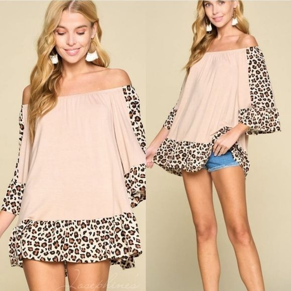 lovely_rosetta Tops - Taupe And Animal Print Off The Shoulder Top